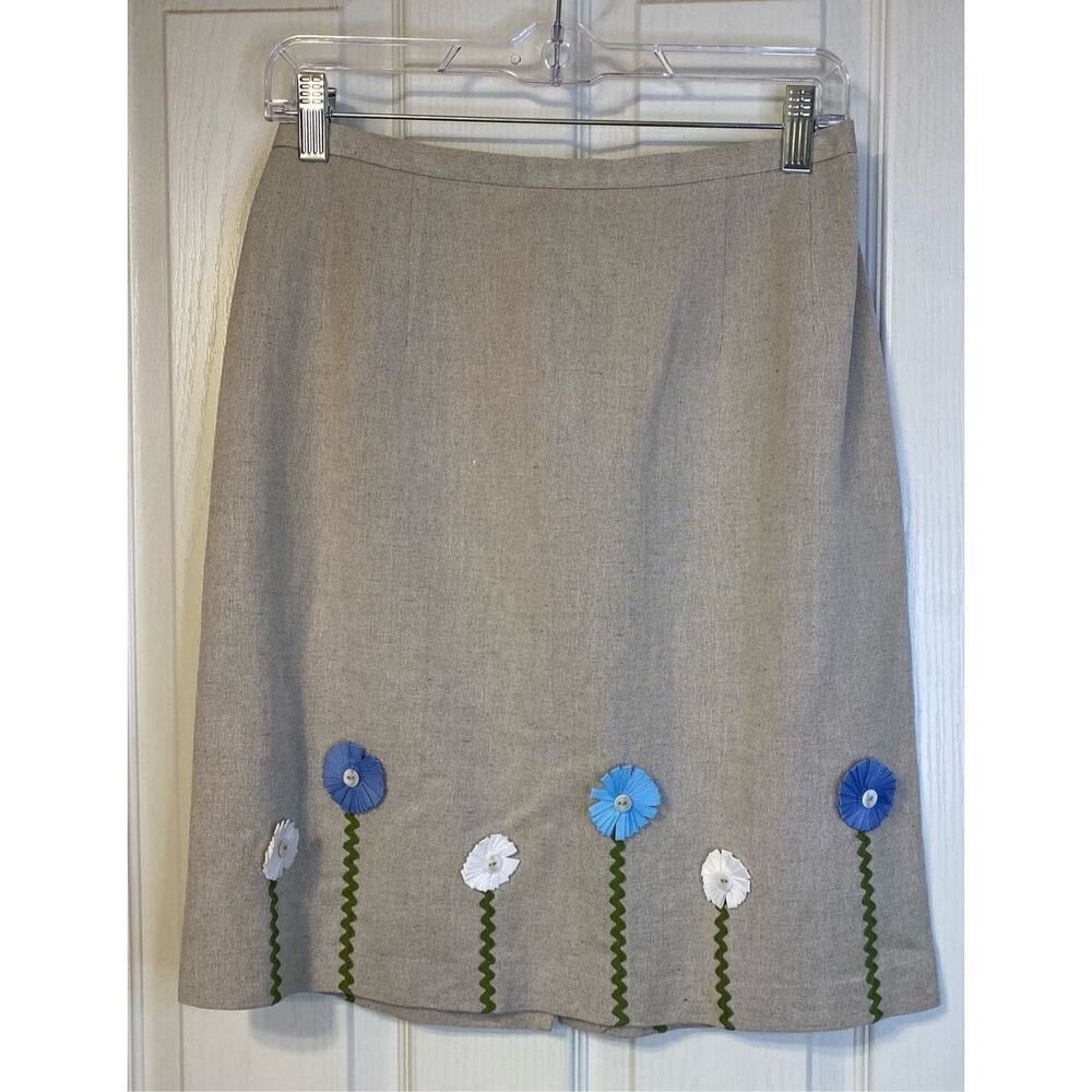 Harve Benard Vintage Linen Blend Skirt Sz 8 Flower Appliqué Accents Y2K 1990’s